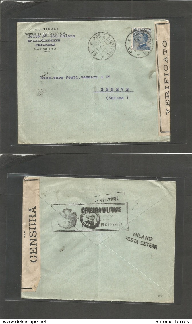 Italian Levant. 1919 (20 Sept) Constantinople - Switzerland, Geneve. "Posta Militare 15" Cachet + Italy Censor Label Lev - Ohne Zuordnung