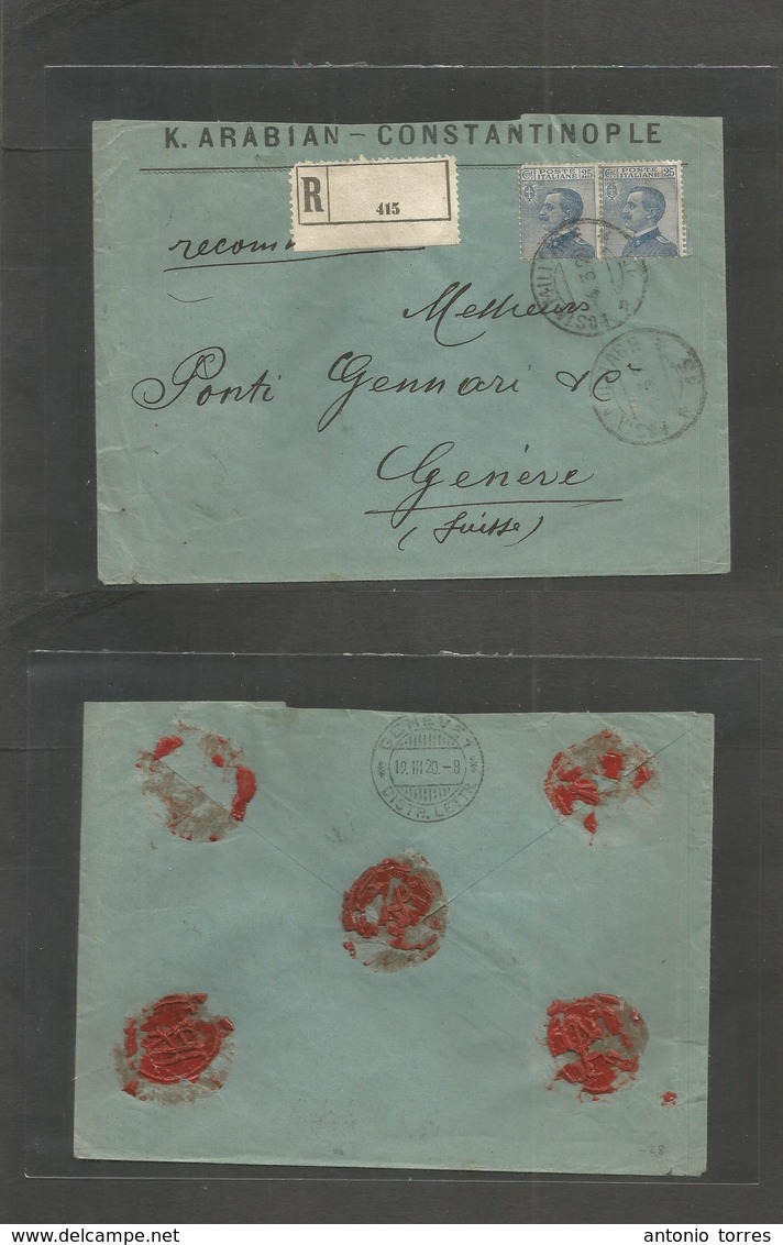 Italian Levant. 1920 (4 March) Constantinople - Switzerland, Geneve. PM 15. Registered Fkd Envelope Italy 25c Blue Pair, - Unclassified