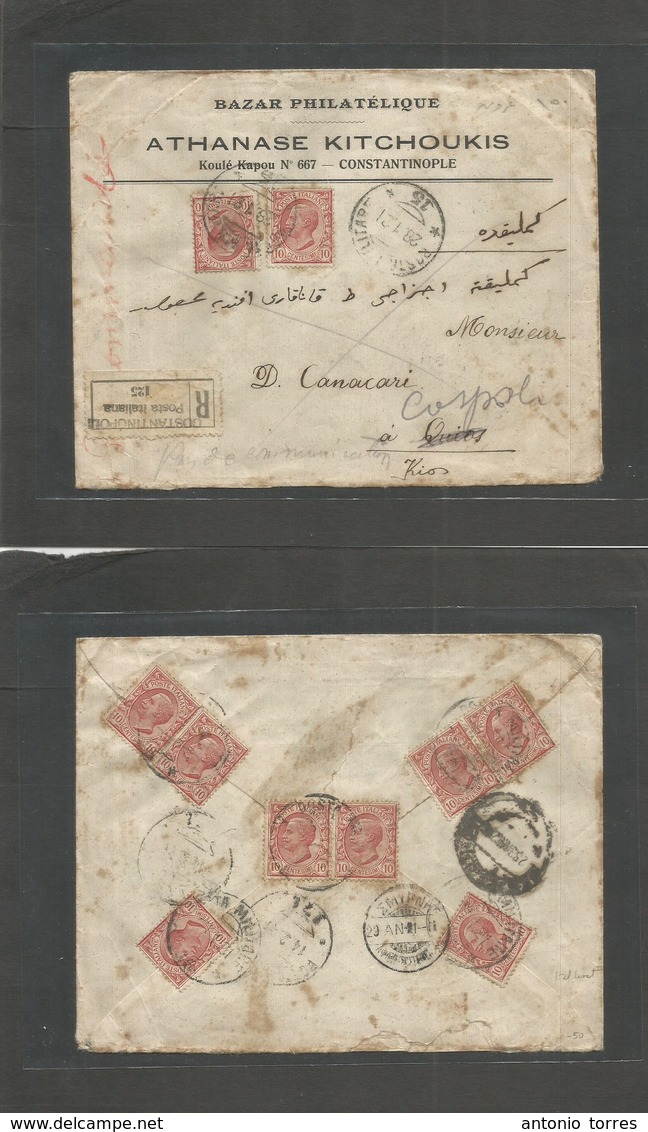 Italian Levant. 1921 (28 Jan) Constantinople - Kios, Greece, Fwded Registered Multifkd (front + Reverse) Envelope At 1 L - Non Classificati