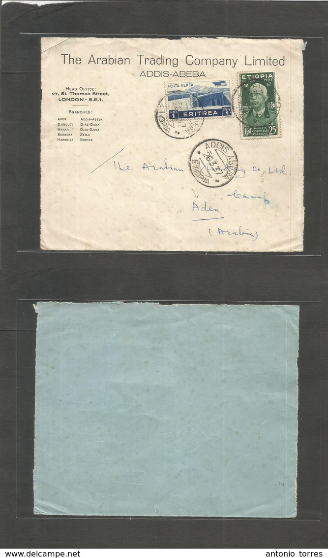 Italian Colonies. 1937 (26 March) Ethiopia + Eritrea Stamps Usage. Addis Abeba - Aden. Multifkd Comercial Front. Fine Us - Zonder Classificatie