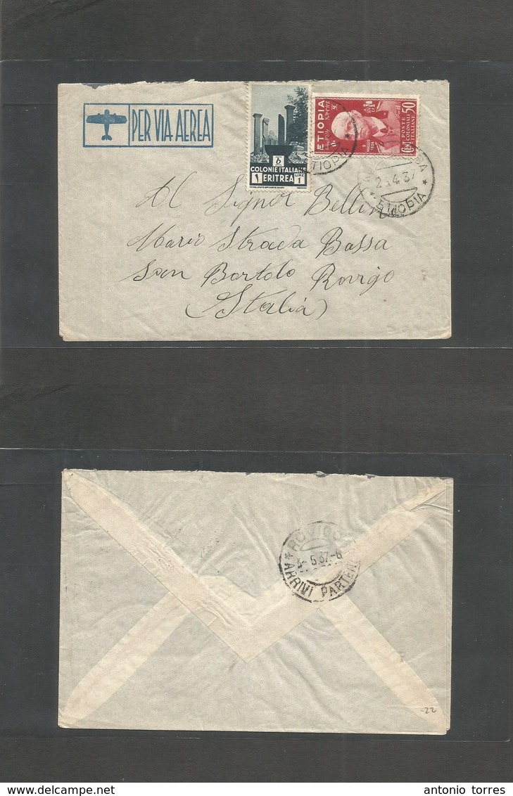 Italian Colonies. 1937 (23 Apr) Ethiopia + Eritrea Stamps. Addis Abeba - Italy, Roviro (3 May) Air Fkd Env. Fine. Comerc - Unclassified