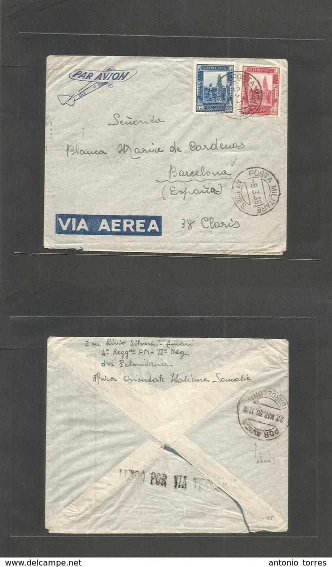 Italian Colonies. 1936 (9 March). Somalia. PM-122$ - Spain, Barcelona (22 March) Air Multifkd Envelope. Exceptionally Ra - Unclassified