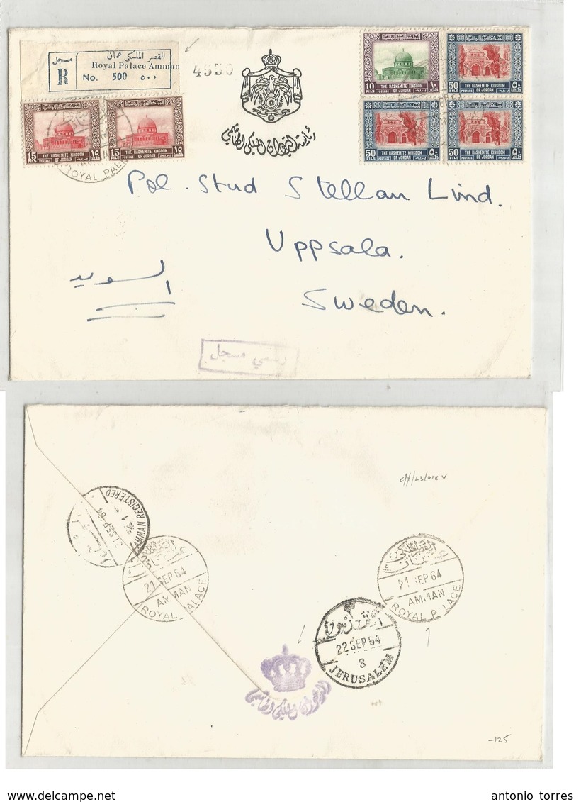 Jordan. 1964 (21 Sept) Royal Palace, Amman - Sweden, Uppsala. Via Jerusalem. Registered Multifkd Airmail Envelope Usage. - Jordanië