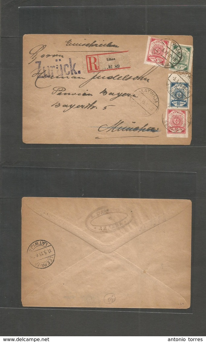Latvia. 1919 (5 March) Libau - Germany, Munich. Registered Multifkd Env + Retour. Fine. - Lettland