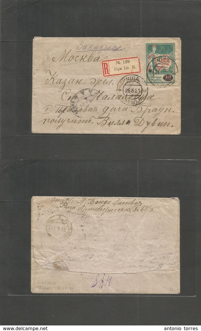 Latvia. 1921 (26 March) Riga - Russia, Moscow (7 Apr 21) Registered Single Fkd Ovptd Issue Envelope. Better Dest. - Letland