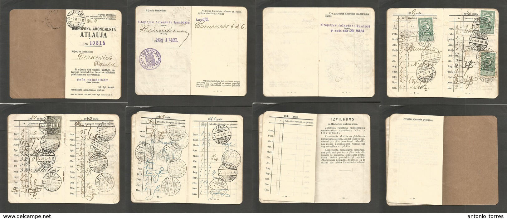 Latvia. 1939 (11 March) To 1945 (12 Apr), Radiotelephone Abonement Book, With Post Office Postmark Control In All Years  - Lettland
