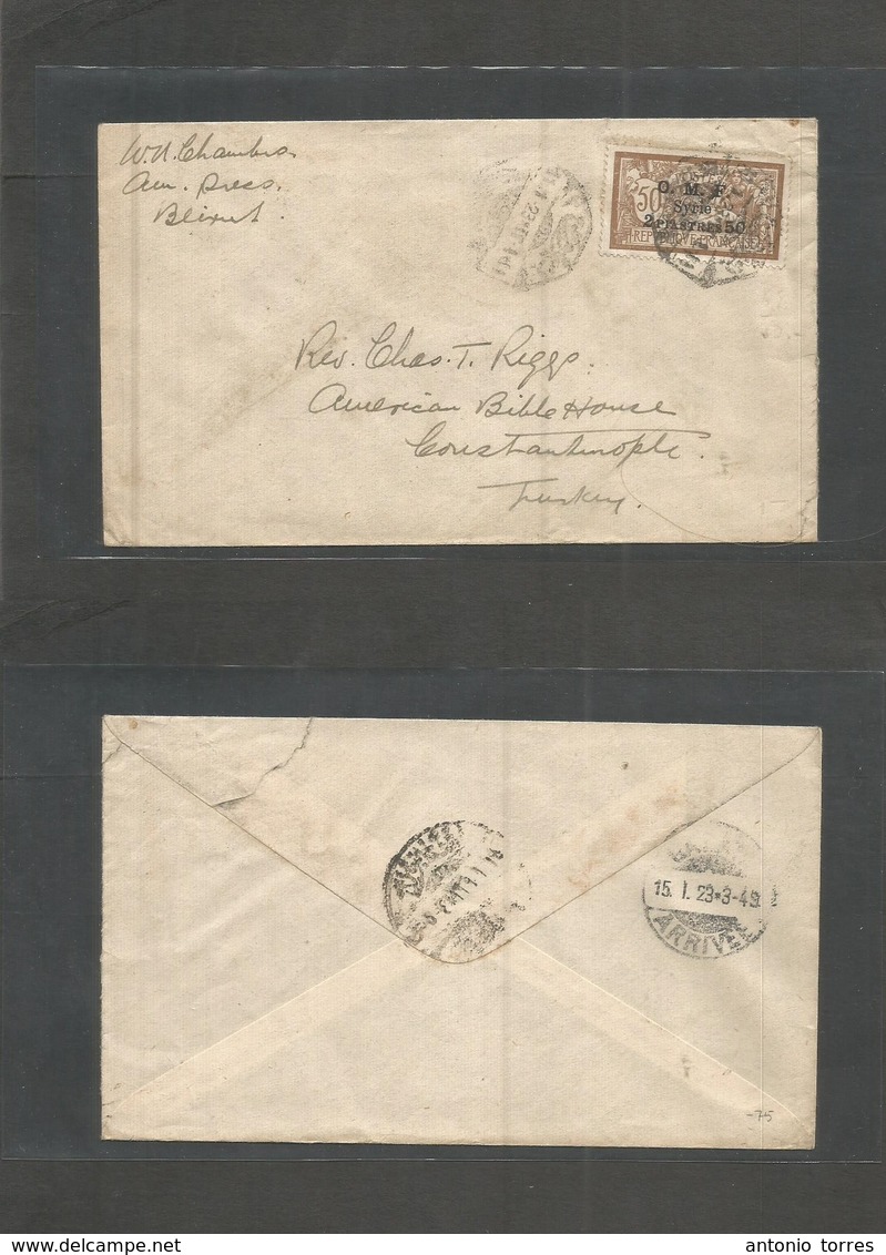 Lebanon. 1923 (11 Jan) OMF. Beyrouth - Turkey, Constantinople (15 Jan) 2p 50c Fkd Envelope. Better Destinantion. Fine. - Libanon