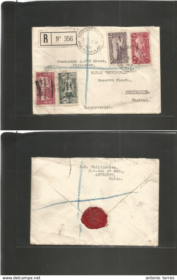 Lebanon. 1935 (22 Jan) Beyrouth Canon St. - UK, Porthsmouth. Registered Multifkd Air Envelope. Fine. - Lebanon