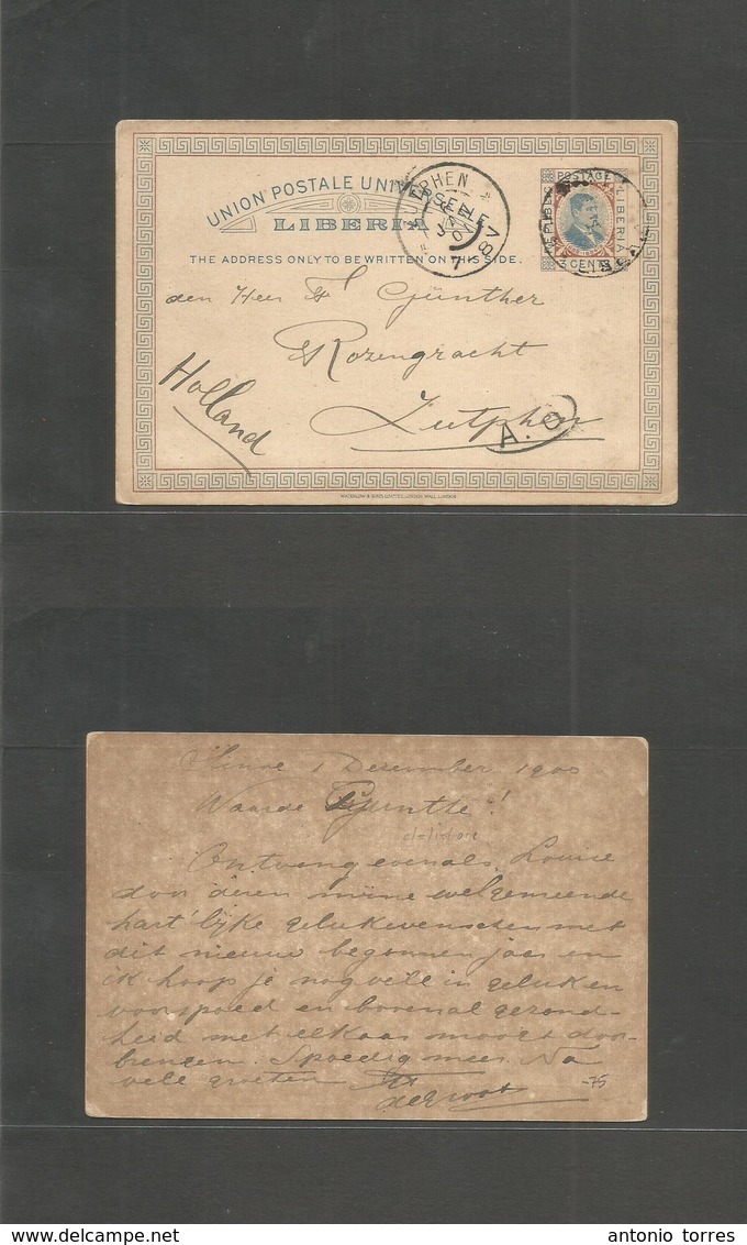 Liberia. 1900 (1 Dec) Sinoe - Netherlands, Zulphen (1 Jan 01) 3c Tricolor Early Stat Card. Fine Used. - Liberia