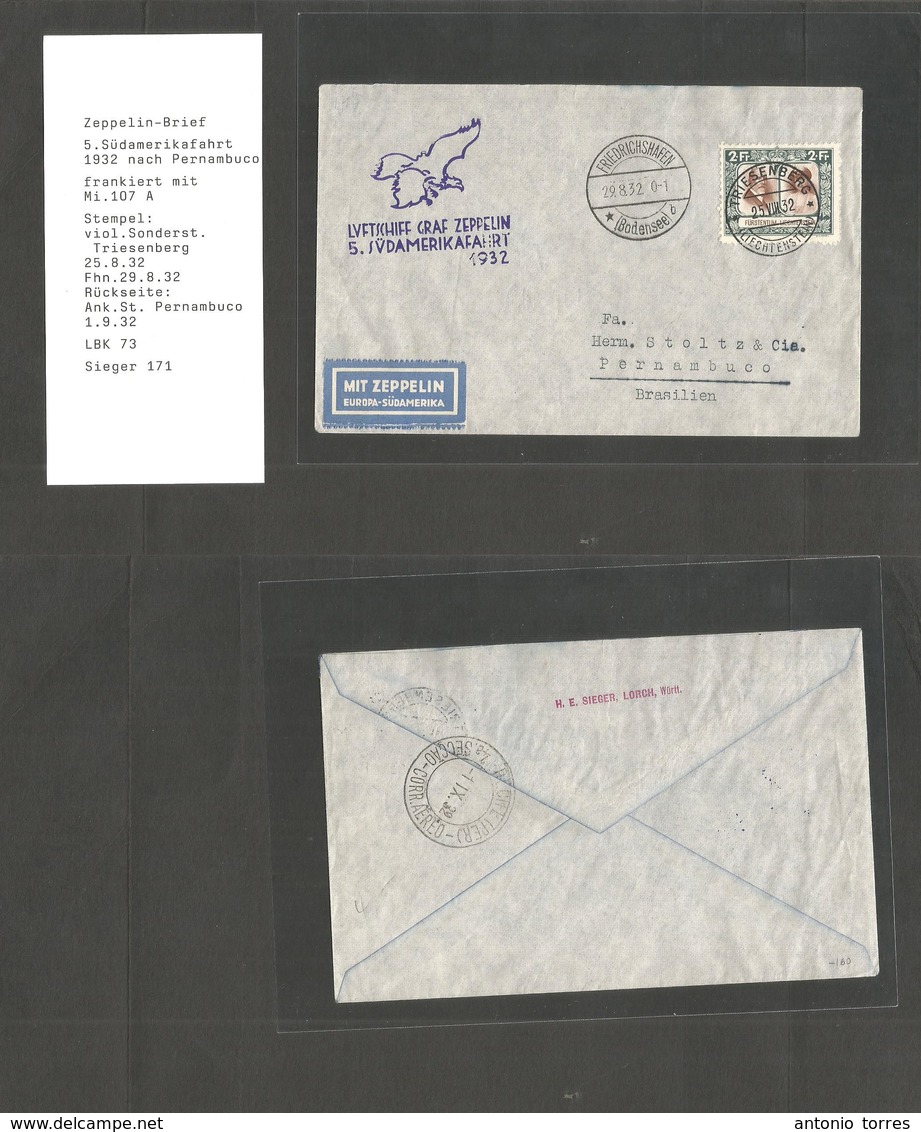 Liechtenstein. 1932 (29 Aug) Zeppelin. Triesenberg - Brazil, Pernambuco (1 Nov) Cacheted Single 2 Fr Fkd Envelope. Scarc - Sonstige & Ohne Zuordnung