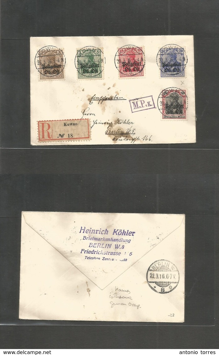 Lithuania. 1916 (20 March) German Occup Issue. Powno (Kaunas) - Berlin (22 March) Regisitered Multifkd Issue. VF. - Litauen