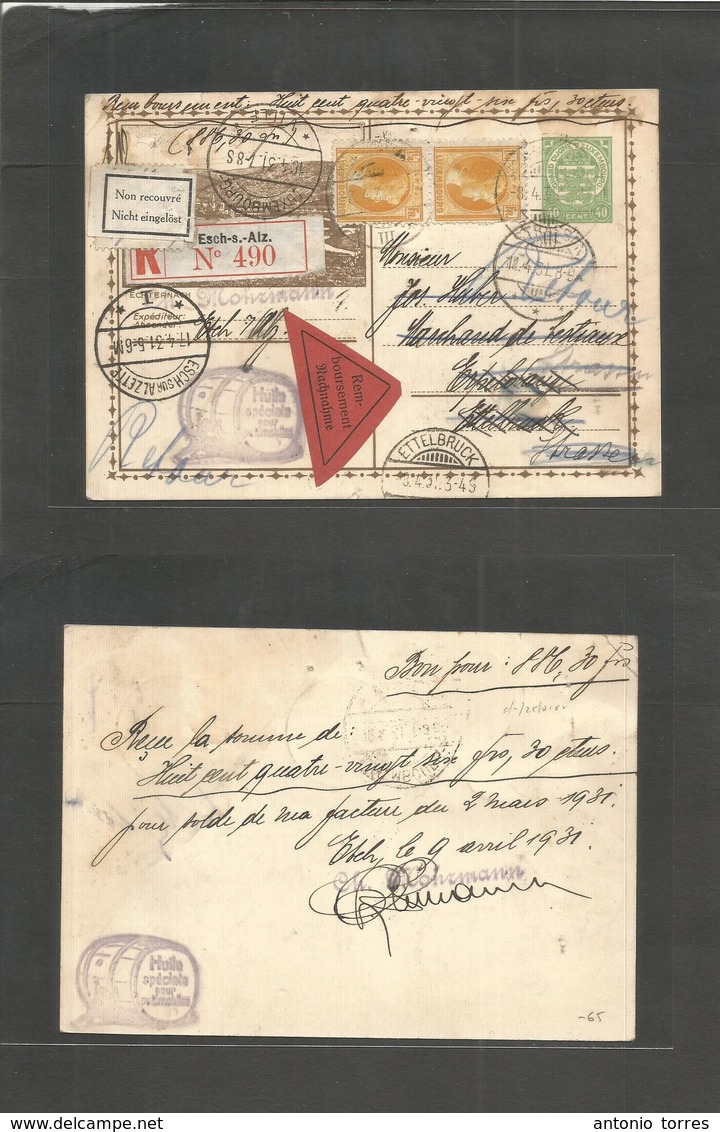 Luxembourg. 1931 (9 Apr) Esch - S, Al - Ettelbruck, 40c Green Illustrated Stat Card + 2 Adtls. Registered Reinboursement - Sonstige & Ohne Zuordnung