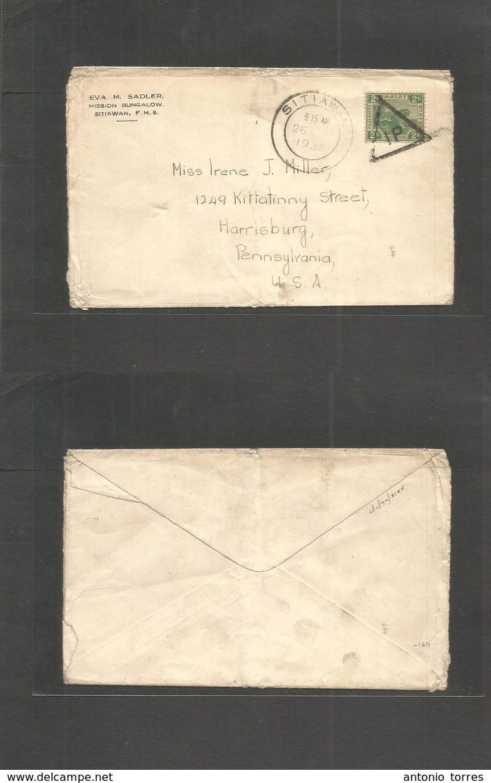 Malaysia. 1932 (26 May) Sitiawan, FMS - USA, PA, Harrisburg. 2c Fkd Env, Missionary, Cds + "1P" Triangle, On Unsealed En - Malaysia (1964-...)