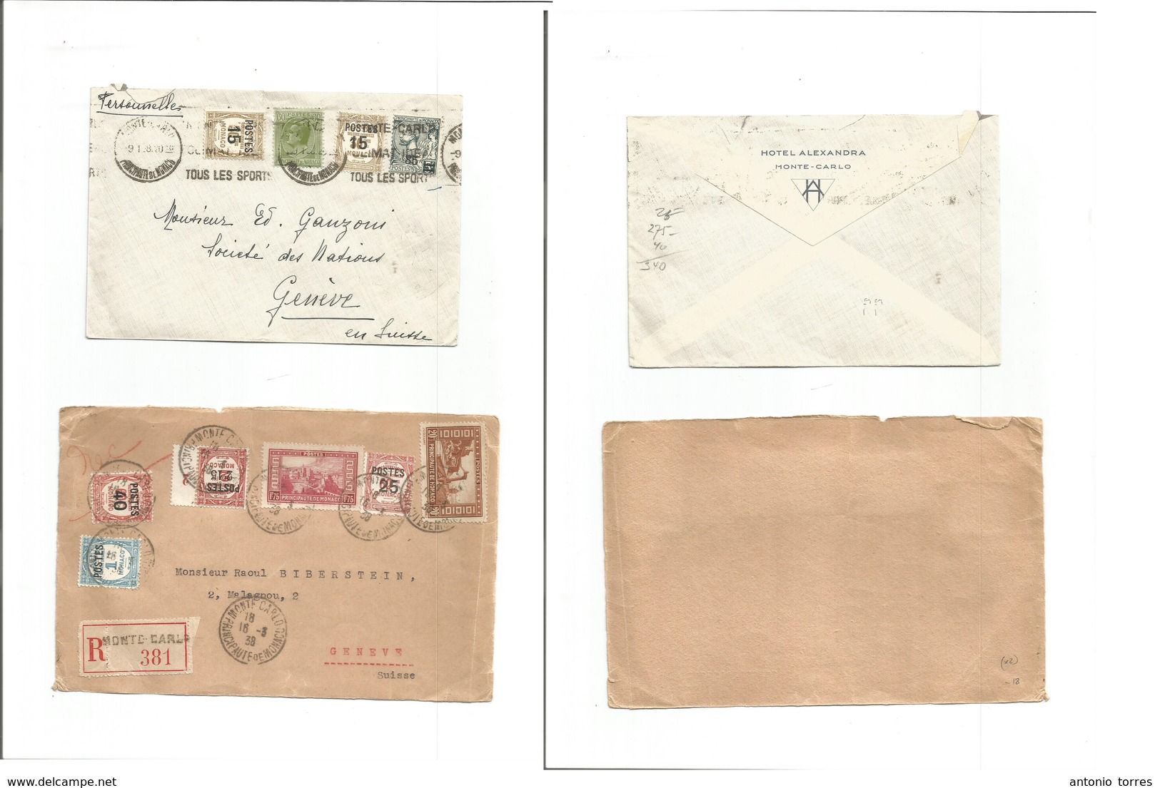 Monaco. 1928-38. 2 Multifkd Covers + Registered Front To Switzerland With Provisional Ovptd Tax P. Dues As Stamps. - Sonstige & Ohne Zuordnung