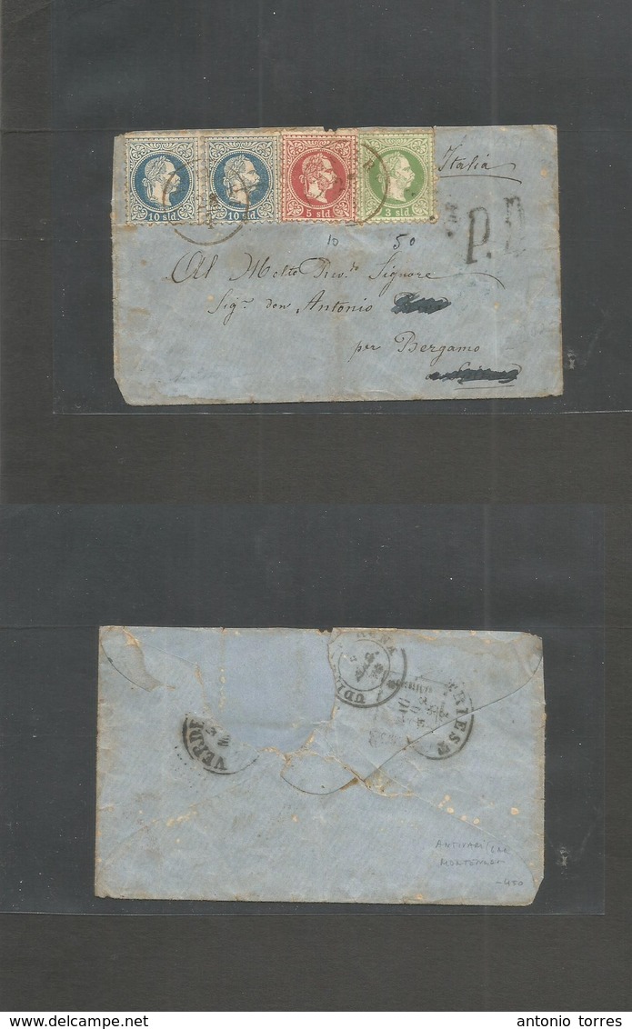 Montenegro. 1870 (28 Apr) Austria Postal Admin. Antivari - Italy, Bergamo. Multifkd Env At 28 Soldi Rate, Red Black Cds  - Montenegro