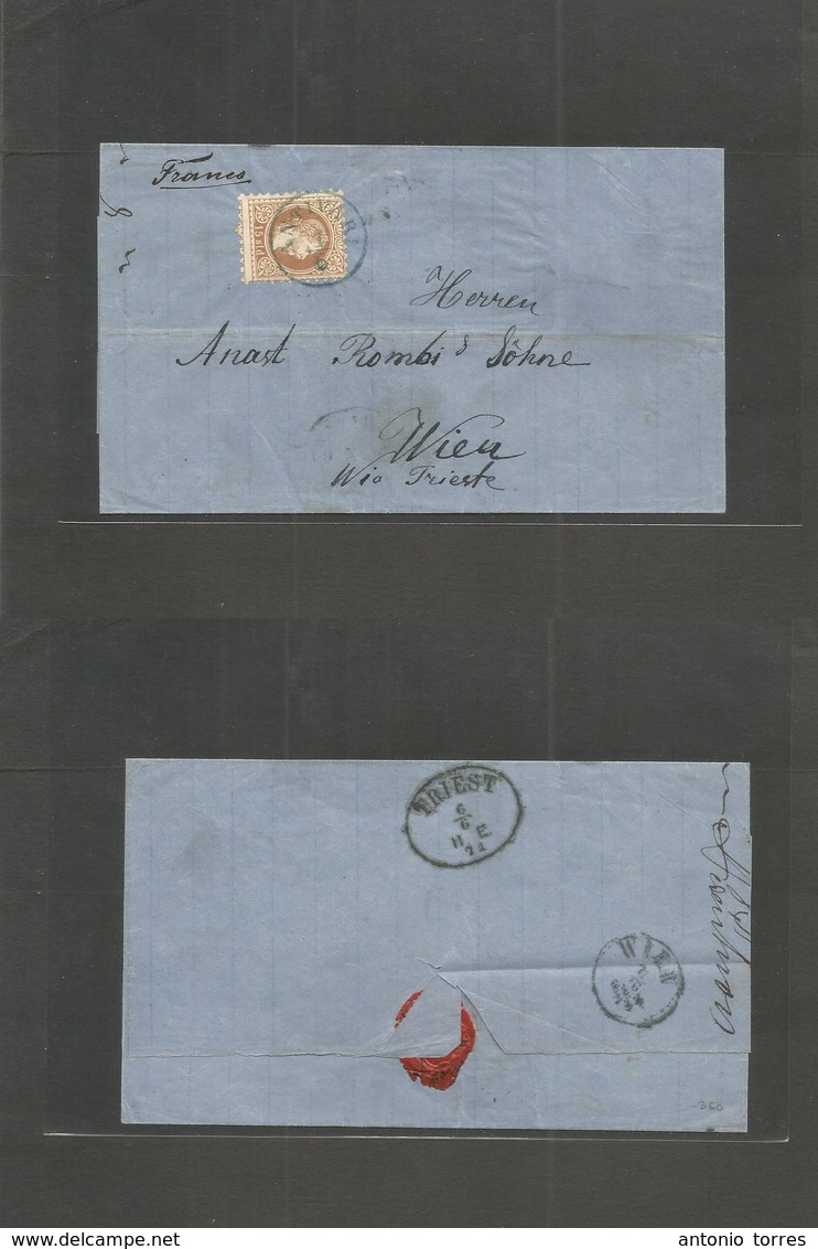 Montenegro. 1871 (1 June) Austrian Postal Admin. Antivari - Wien (7 June) Fkd Env 15 Sld Brown Blue Cds. Via Triest + Fr - Montenegro