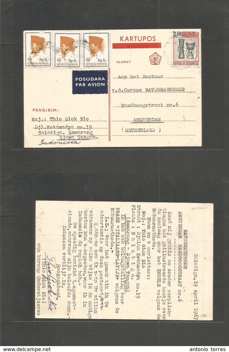 Dutch Indies. 1967 (19 Apr) Indonesia Salatiga - Netherlands, Amsterdam. Air Multifkd Card, Mixed Issues + Control Shiel - Niederländisch-Indien