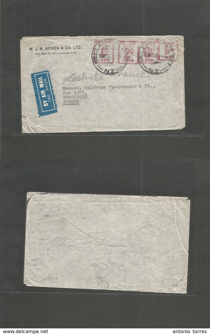 New Zealand. 1936 (15 May) Wellington - Sweden, Stockholm Air Multi Machine Franked Envelope (4 Diff Values) Cancelled C - Sonstige & Ohne Zuordnung
