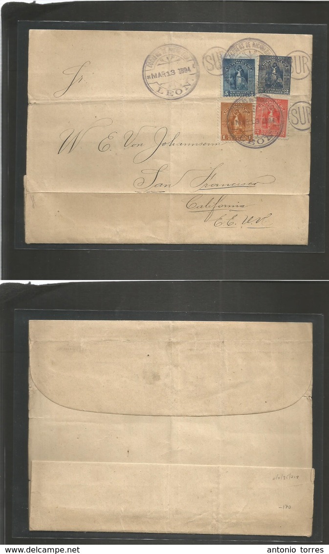 Nicaragua. 1894 (13 March) Leon - USA, California, San Francisco. 2c Blue Stationery Wrapper + 3 Adtls Cds + Sur. Fine C - Nicaragua