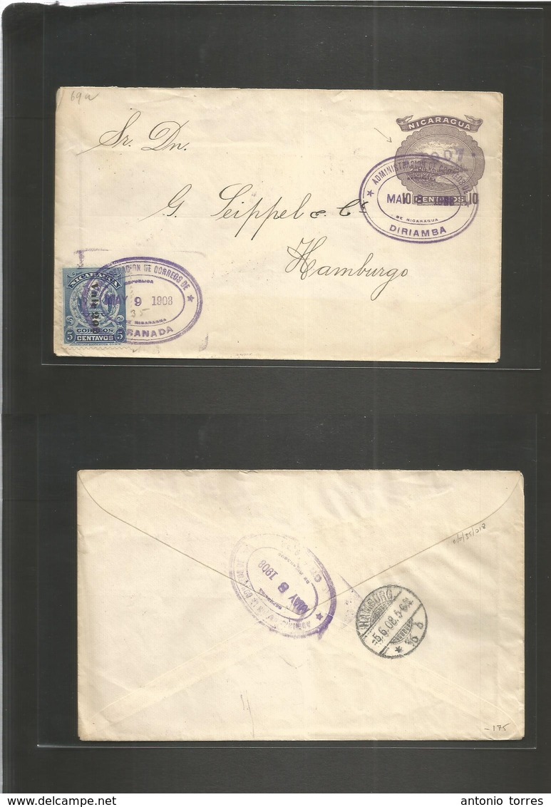 Nicaragua. 1908 (9 May) DIRIAMBA - Germany. Hamburg (5 June) Via Corinto - Granada "1907" Ovptd 10c Lilac Stat Env + Adt - Nicaragua