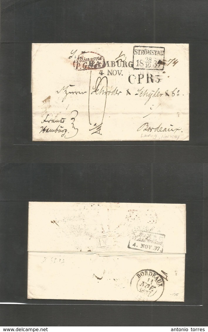 Norway. 1837 (24 Oct) Lauvvig - France, Bordeaux. EL Full Text, Mns "Franco Hamburg", Box Stromstad (28 Oct) - Hbg (4 No - Sonstige & Ohne Zuordnung