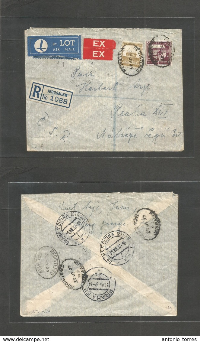 Palestine. 1937 (29 July) Jerusalem - Czechoslovakia, Prague (31 July) Registered Express Airmail LOT Company. Multifkd  - Palestine