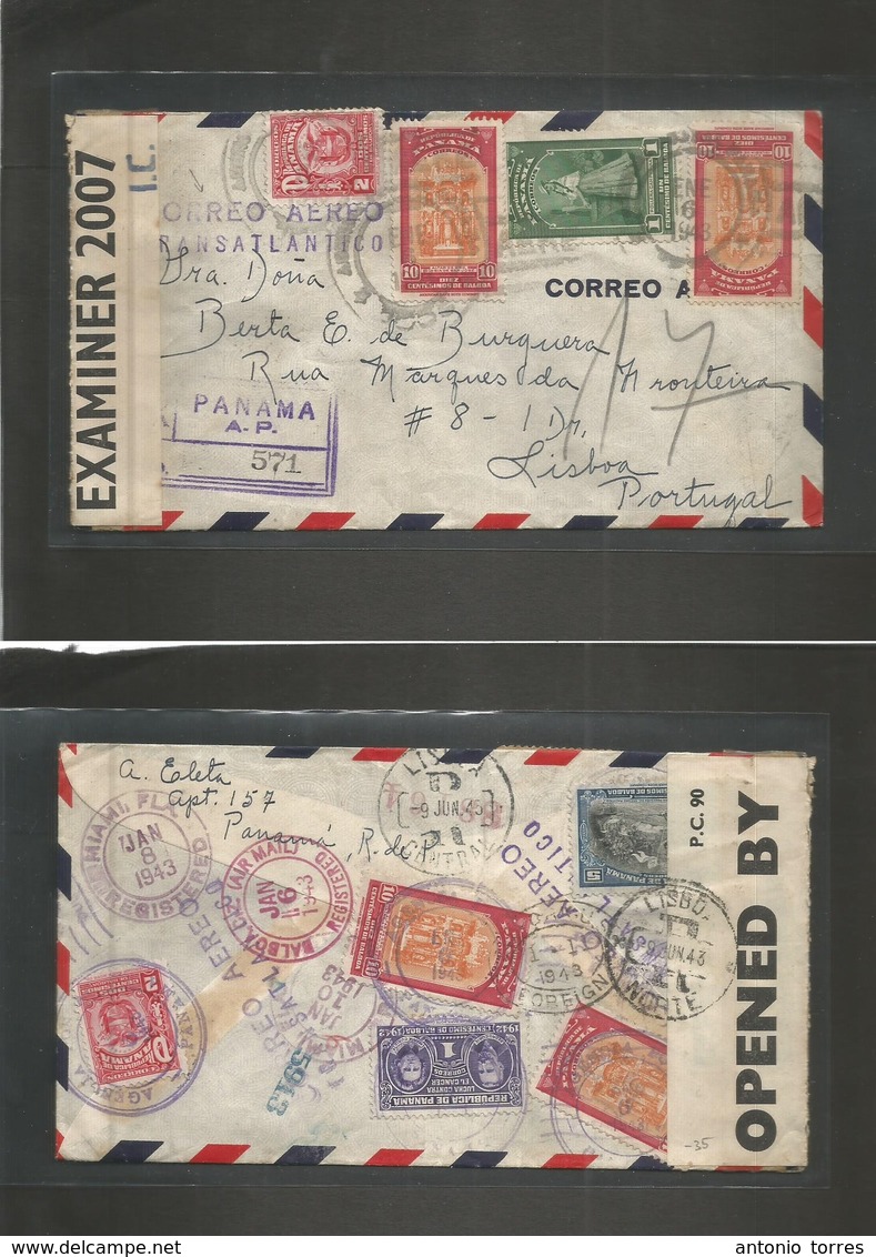 Panama. 1943 (6 Jan) GPO - Portugal, Lisbon (9 June) Registered Multifkd Airmail Envelope. Via Balboa - Miami - NY With  - Panama