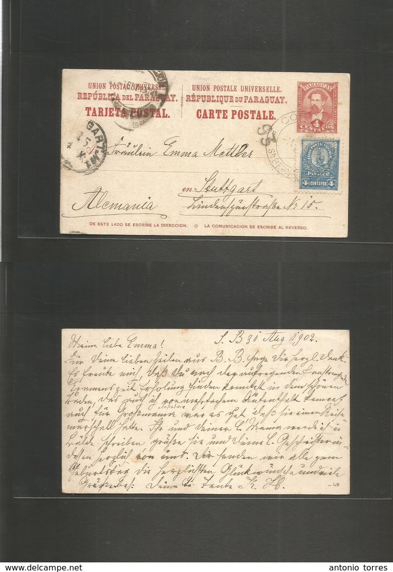 Paraguay. 1902 (31 Aug) San Bernardino - Germany, Stuttgart (4 Oct) 4c Red Stat Card + Adtl Blue Cds. VF. - Paraguay