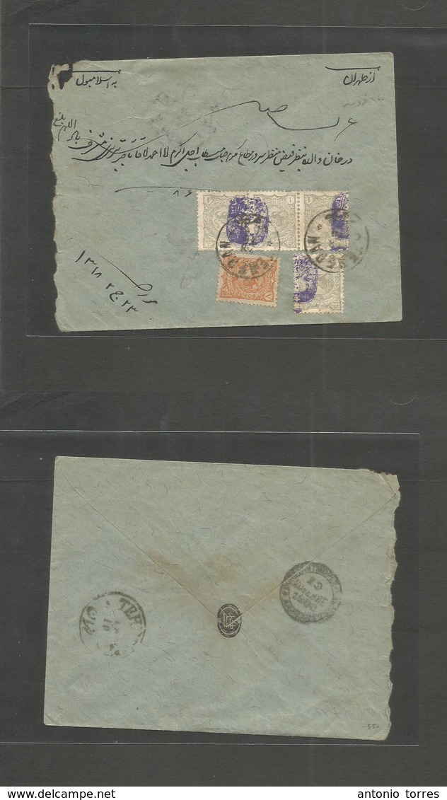 Persia. 1900 (28 Oct) Teheran - Turkey, Constantinople (19 Nov) Multifkd Envelope Tied Cd Including Ovptd Violet Seal In - Iran