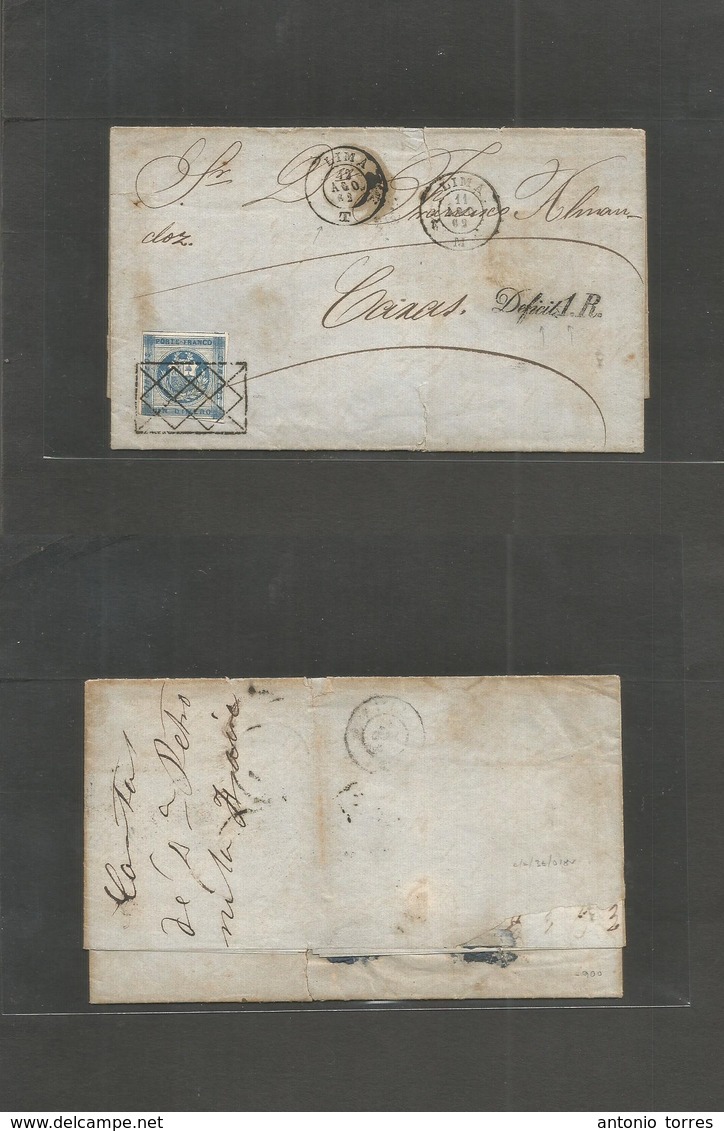 Peru. 1862 (10 Agosto) Lima - Caxas. EL Full Text Fkd Un Dinero Blue, Tied Romboid, Box + Cds "11AGO" + Held For Postage - Peru