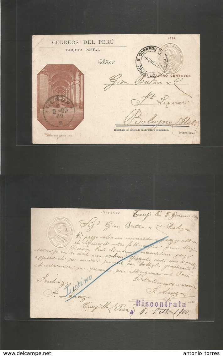 Peru. 1900 (6 Enero) Trujillo - Bologna, Italy (6 Febr) 4c Illustrated Albino Embossed Stat Card, Cds. VF Rare Circulate - Perú