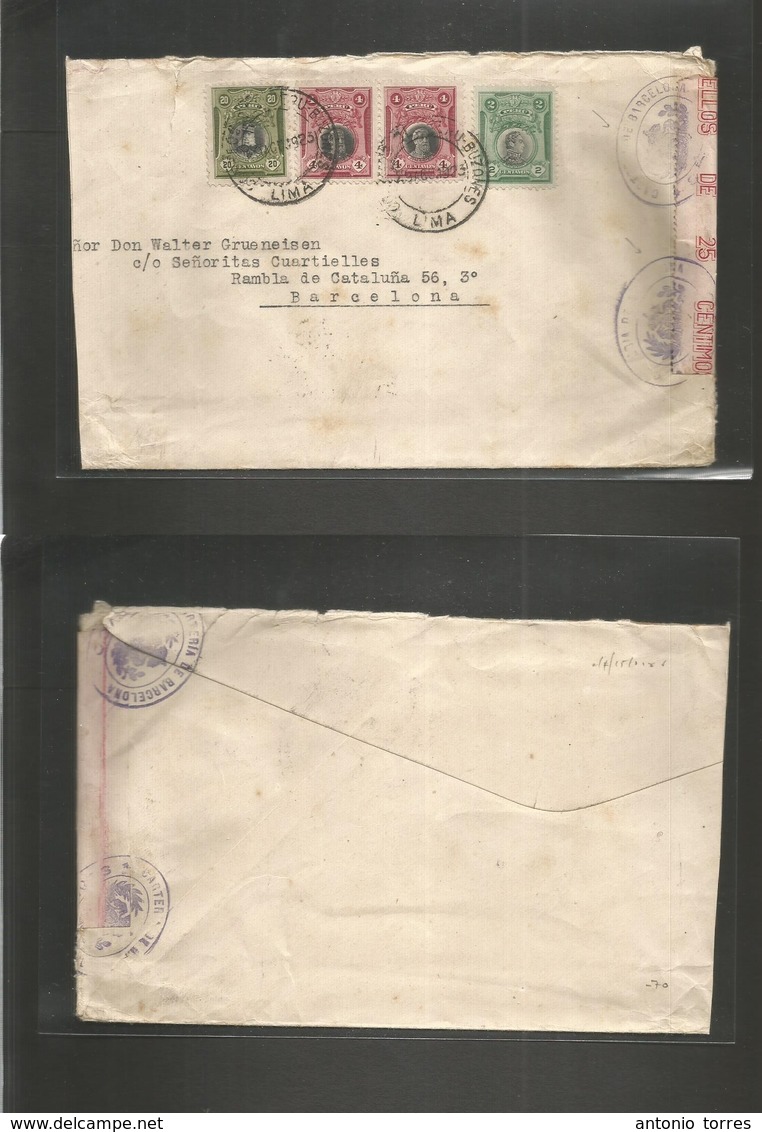 Peru. 1923 (5 Oct) Lima - Spain, Barcelona. Multifkd Envelope + Arrival Opened + Cerrado Oficial At Post Office. Most Un - Peru