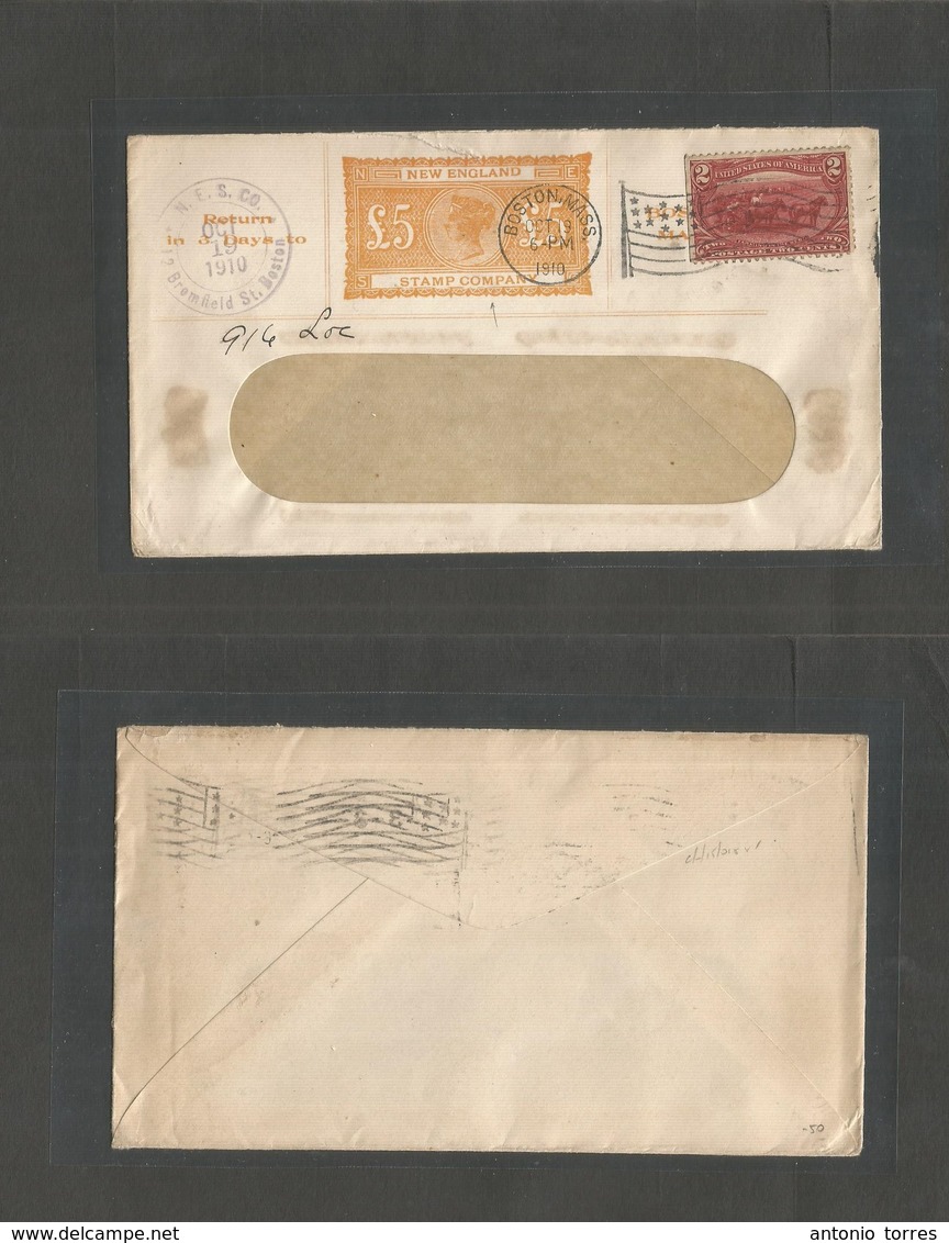 Philately. 1910. USA. New England Stamp Cº. Illustrated GBP 5.00 Orange GB Envelope. Local Fkd Prate. Boston - Bromfield - Andere & Zonder Classificatie