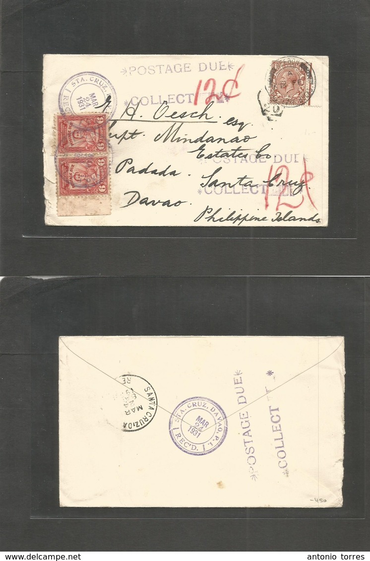 Philippines. 1931 (9 Feb) UK, Weedon - Santa Cruz, Davao (24 March) Fkd + Taxed Envelope + Arrival 6c Red Pair Tied Cds  - Filippijnen
