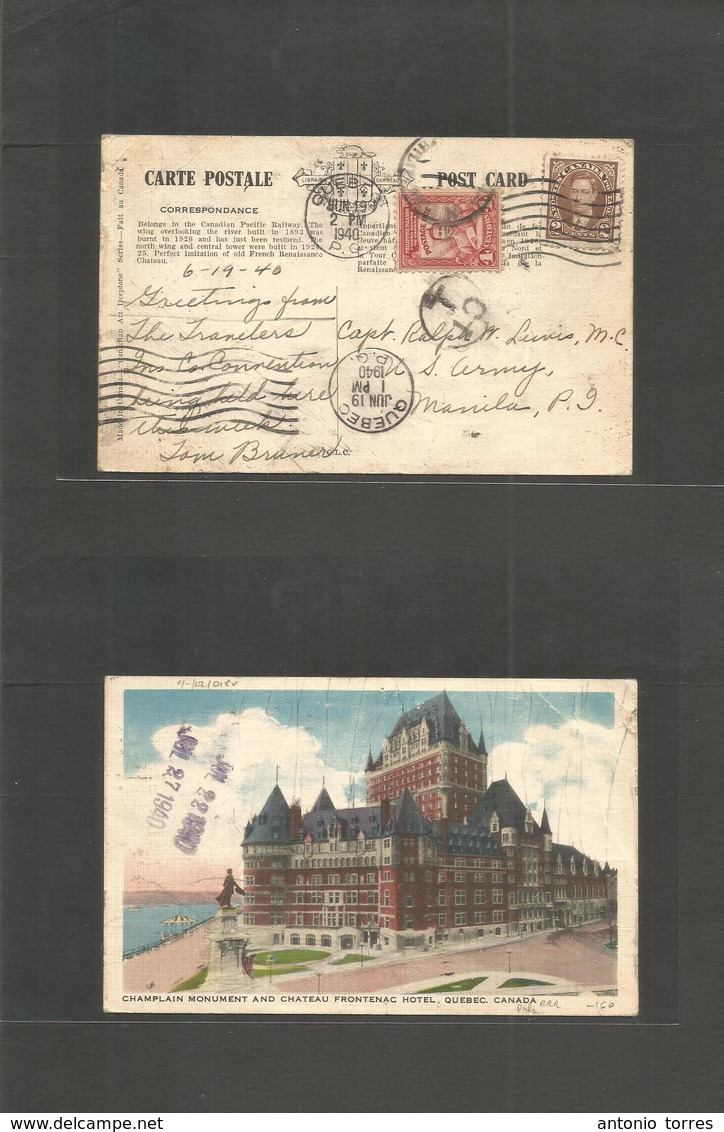 Philippines. 1940 (19 June) Canada, Quebec - Manila, US Army Office. Fkd Ppc + Taxed + Aux Cachet + 4c Red P. Due Tied C - Filipinas