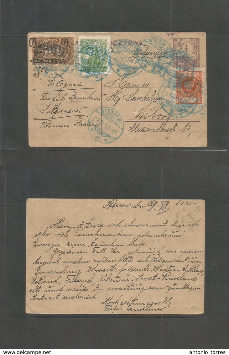 Poland. 1925 (9 Sept) Hessek, Steszew - Wiborg, Finland. 10zl Brown Multifkd Card Incl Concordia Ovtpd Issue, Blue Green - Sonstige & Ohne Zuordnung