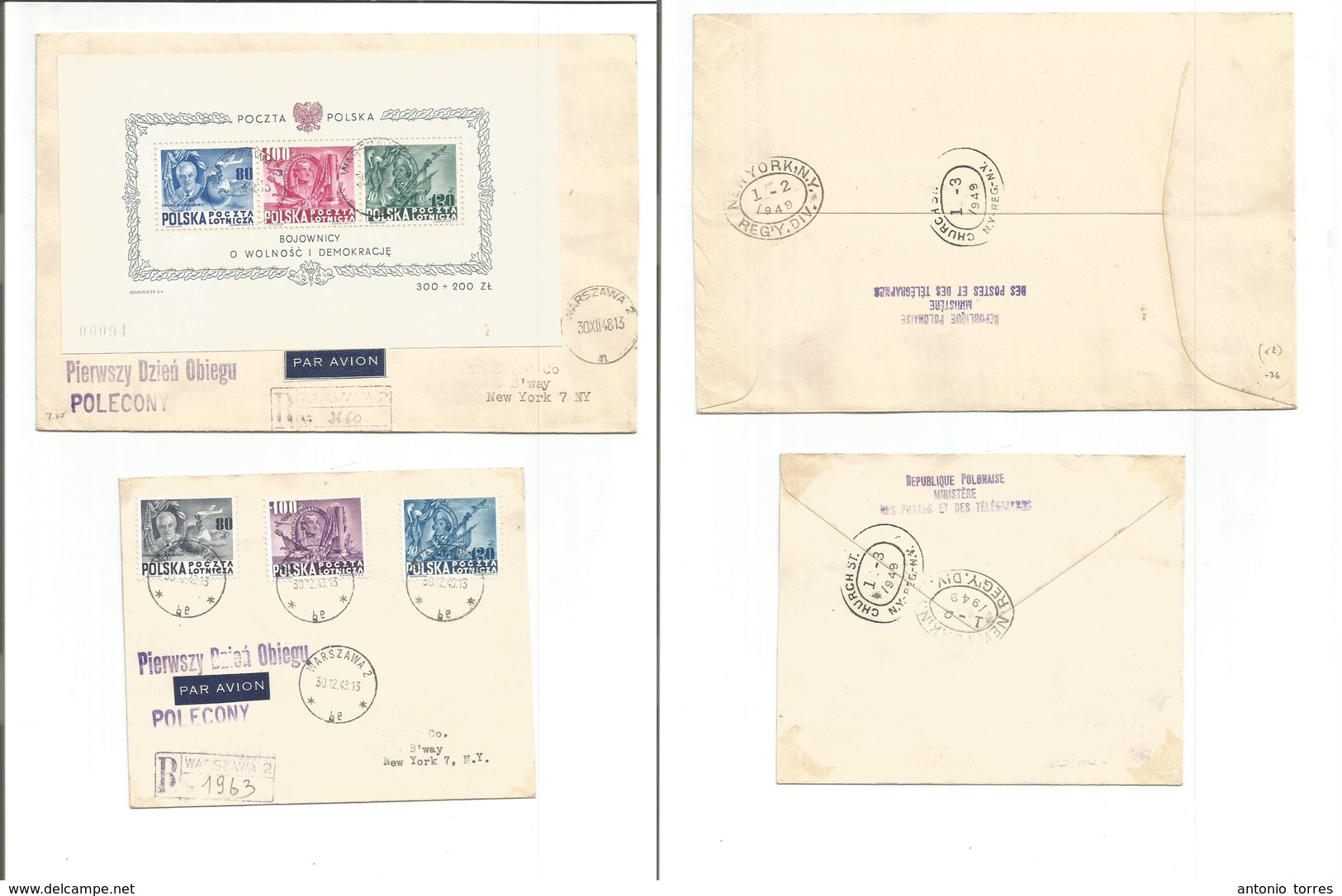 Poland. 1948 (30 Dec) Warsaw - NYC, USA (1 March) 2 Multifkd Covers On Registered Air Usage To USA Incl Min Sheet With R - Andere & Zonder Classificatie