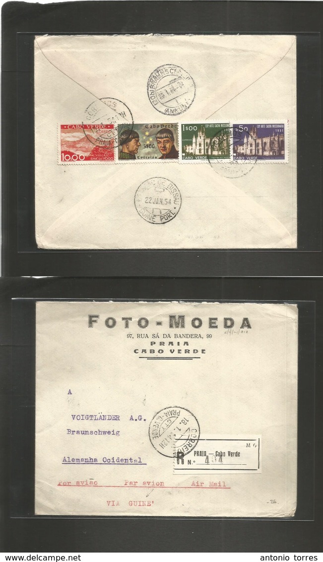 Portugal-Cabo Verde. 1954 (18 Jan) Praia - Germany, Braunschweig (26 Jan) Registered Reverse Multifkd Envelope. R-tied L - Sonstige & Ohne Zuordnung