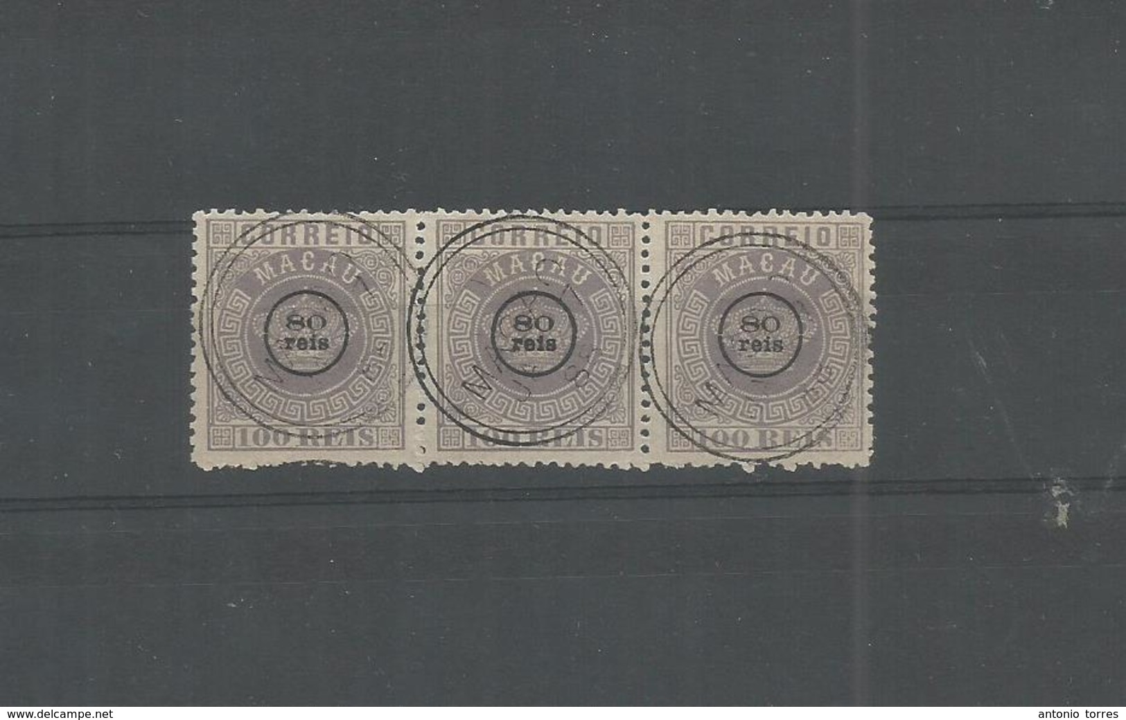 Macau. 1884-5. 80rs / 100rs Lilac, Perf 12 1/2. Horizontal STRIP OF THREE, Cancelled "MACAO / Jan 7 / 88" Well Centered  - Andere & Zonder Classificatie