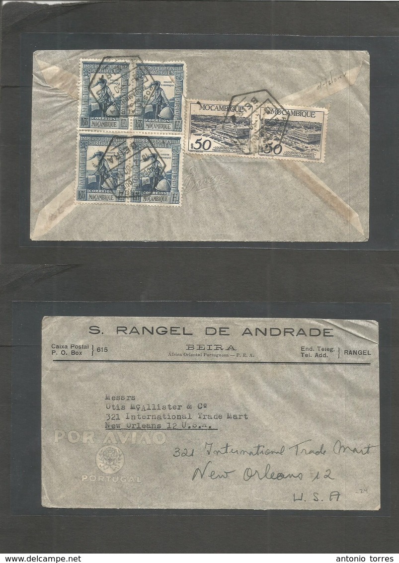 Portugal-Mozambique. 1950 (18 Feb) Beira - USA, New Orleans Comercial Multifkd Env, Reverse Mixed Issues, Tied Cds. - Andere & Zonder Classificatie