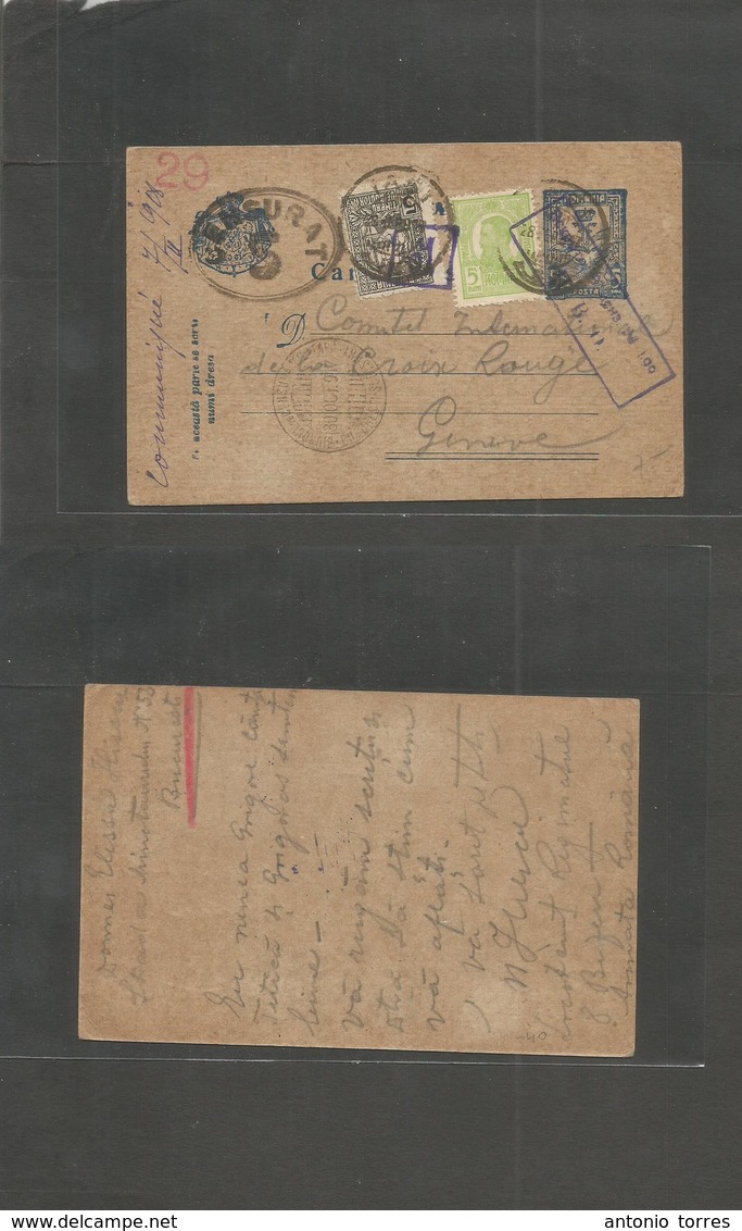 Romania. 1917 (30 Oct) POW. Bucarest - Switzerland, Geneva. 5k Blue Stat Card + 2 Adtls, Censor Cachet (x4) Comunique 7  - Otros & Sin Clasificación