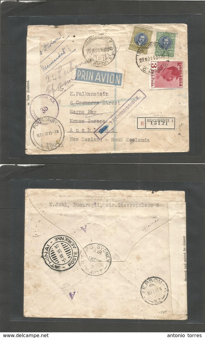Romania. 1939 (29 Nov) Bucarest - New Zealand (16 Feb 40) Registered Airmail Multifkd Env Incl 100 Lei Stamp + Via Athen - Andere & Zonder Classificatie