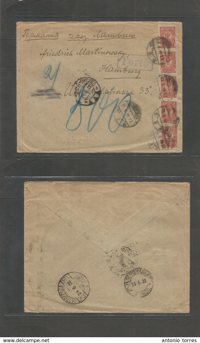 Russia. 1922 (2 June) Petrograd - Hamburg, Germany. Multifkd Taxed (early Inflation Day) Envelope. - Andere & Zonder Classificatie