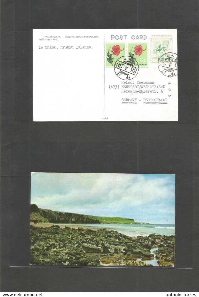 Ryukyu Islands. 1963 (April) Shima - Germany, Neustadt. Fkd View Island Card, Incl 4c Dark Green Early Destign, Tied Cds - Ryukyu Islands