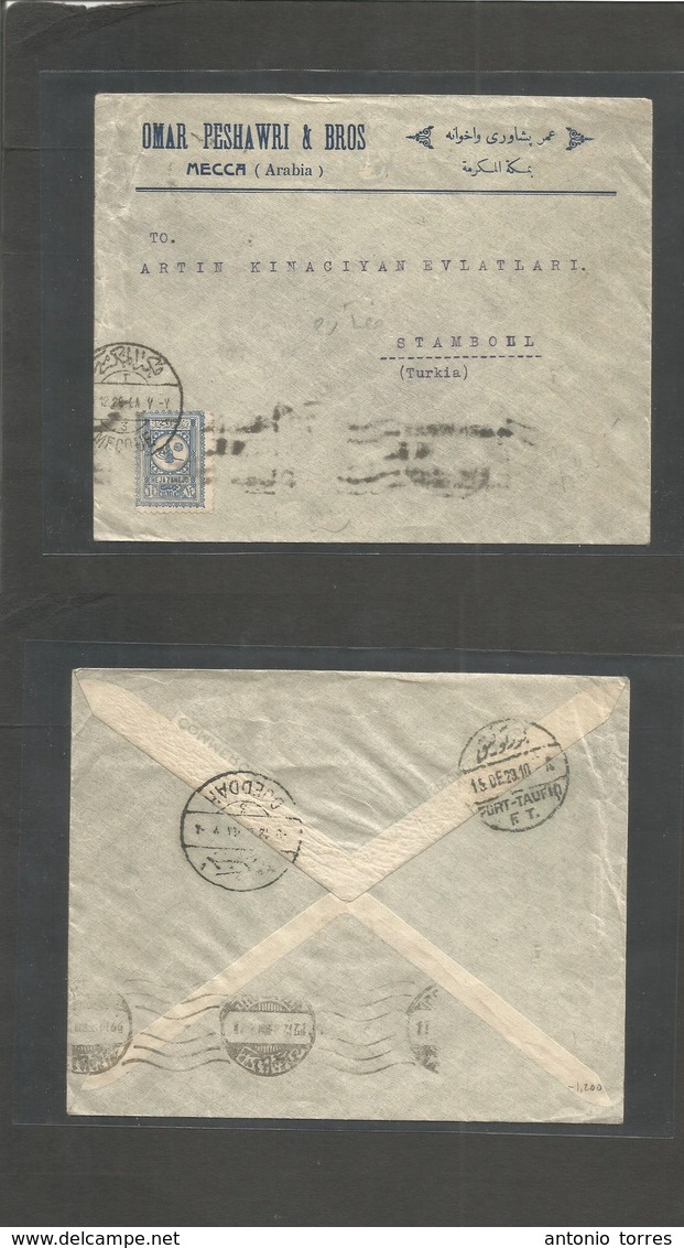 Saudi Arabia. 1929 (8 Dec) Mecque - Turkey, Istambul. (12 Dec) Heja D Nejd 1 1/4 Garch Blue Fkd Comercial Envelope Via D - Saoedi-Arabië