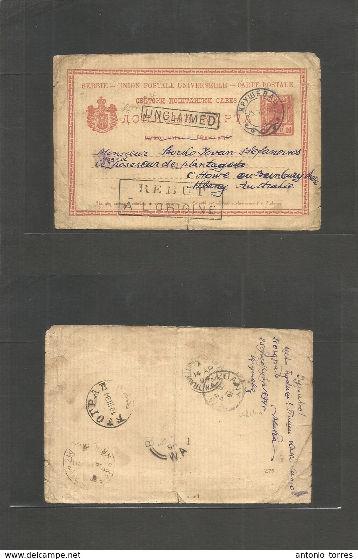 Serbia. 1894 (25 Mach) Krymeban - Australia, Albany (13 Apr) 10 Para Red Stat Card + Returned / Unclaimed. Extraordinary - Serbia