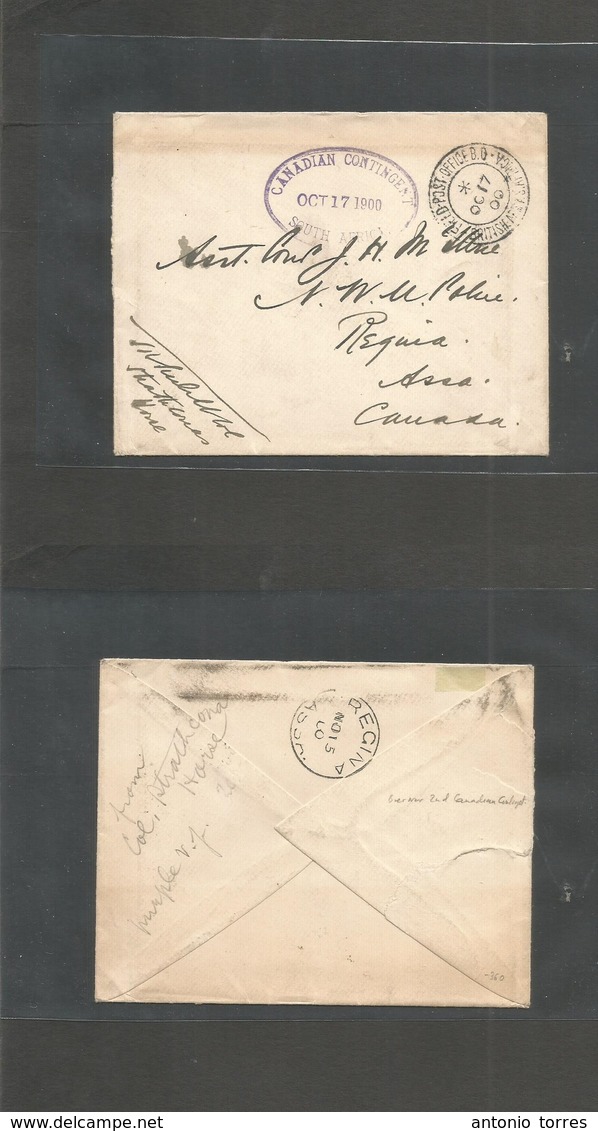 South Africa. 1900 (Oct 17) Boer War. Canadian Contingent From Horse Coronel Cachet. Stampless FM Envelope Addressed To  - Andere & Zonder Classificatie