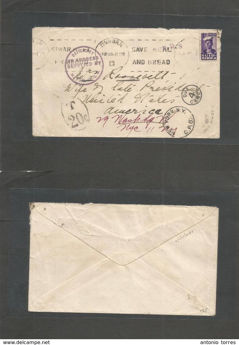 South Africa. 1948 (3 Sept) Durban - USA, NYC. Fkd Env + Taxed + Df. T - Pmks Incl Origin + Addressed To Mrs Roosevelt,  - Sonstige & Ohne Zuordnung