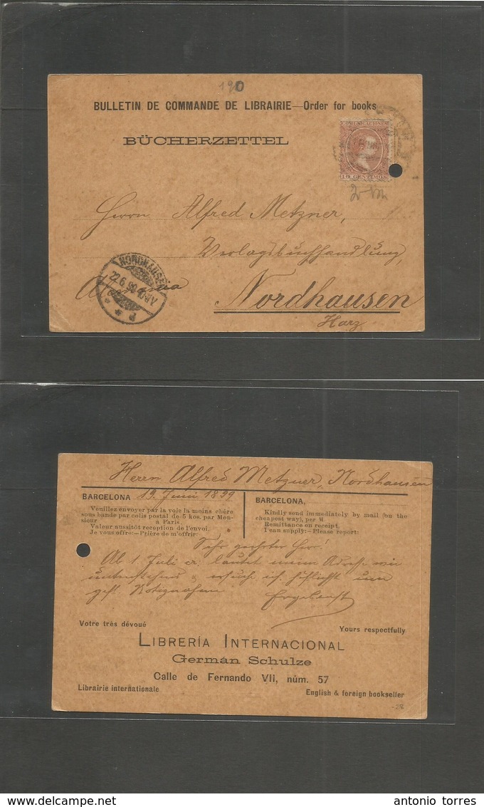 E-Alfonso Xiii. 1899. 217º Barcelona. Tarjeta Postal Privada. Librería Internacional German Schulze. Circulada A Alemani - Other & Unclassified