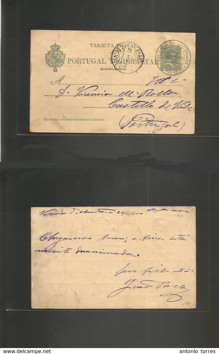 E-Enteros Postales. 1900 (24 Ago) Valencia De Alcantara, Cáceres - Portugal, Castelho De Vida (25 Ago) EP 5c Verde. Prec - Sonstige & Ohne Zuordnung
